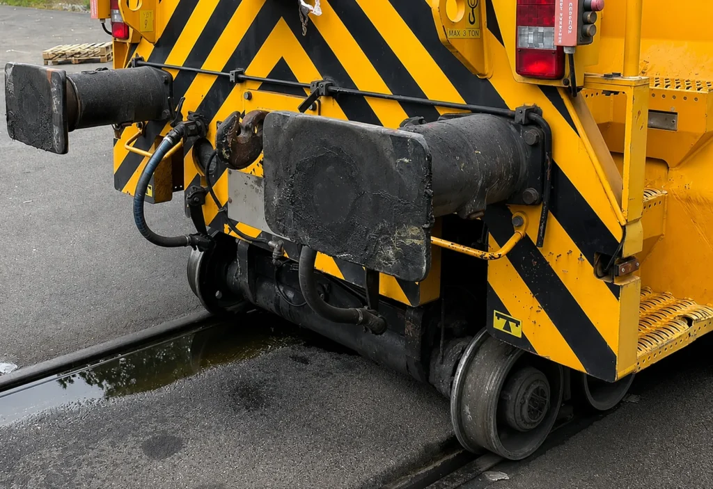 Zoom sur le système d'attelage, les tampons de choc et les roues d'un locotracteur de manœuvre ferroviaire jaune et noir